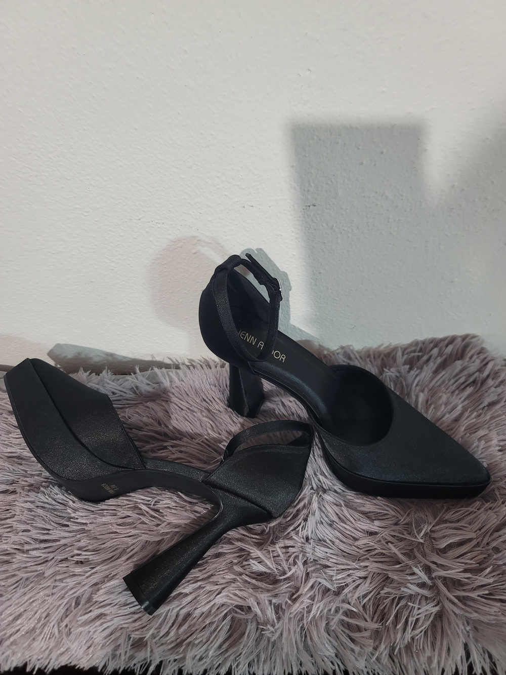 Women's Black Satin Pointed-Toe Heels with Ankle Strap